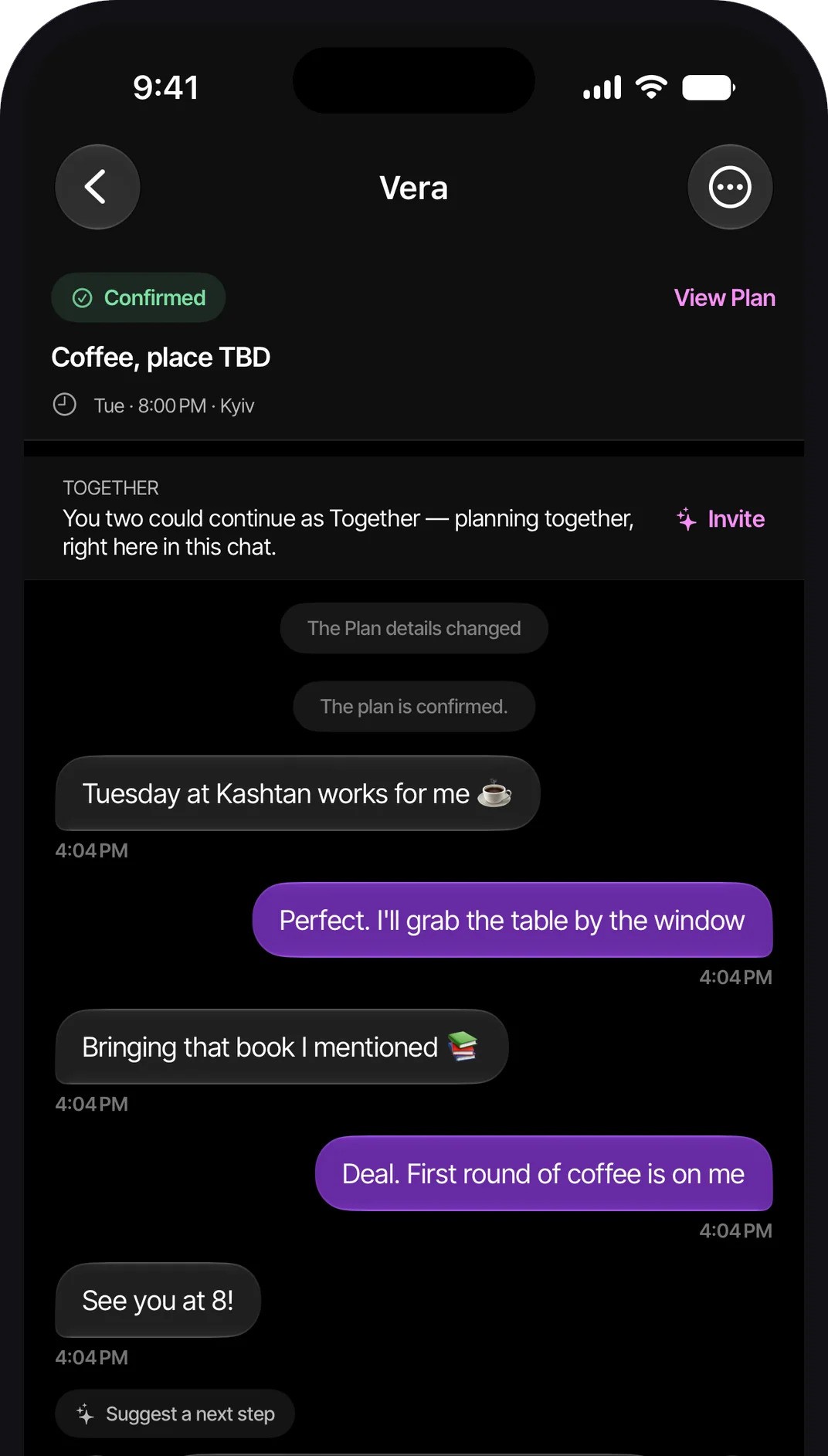 Chat with Vera on iPhone: the confirmed Plan — Coffee, Tuesday 8:00 PM, Kyiv — pinned at the top, a Together invitation, and a short conversation settling the details.