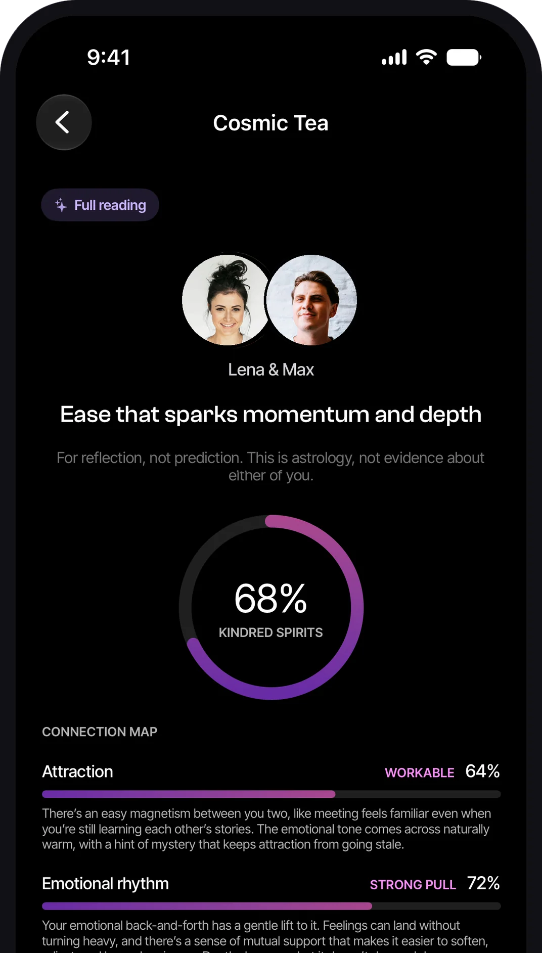 Cosmic Tea on iPhone for Lena and Max: the pair's photos, the Connection Signature 'Ease that sparks momentum and depth', the disclaimer, a 68% Star Score in the Kindred spirits zone, and the Connection Map with Attraction and Emotional rhythm bars.