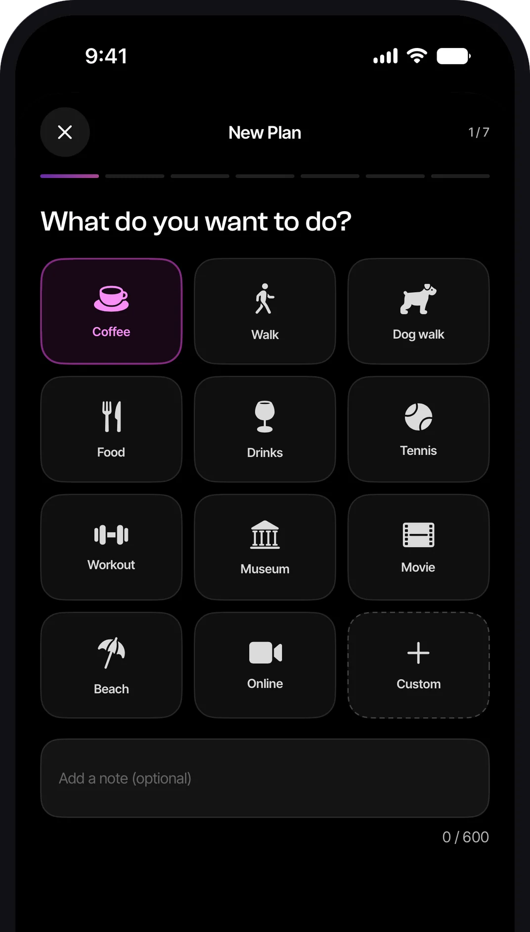 New Plan wizard on iPhone, step 1 of 7 — 'What do you want to do?' — with activity tiles such as Coffee, Walk, Museum and Custom.