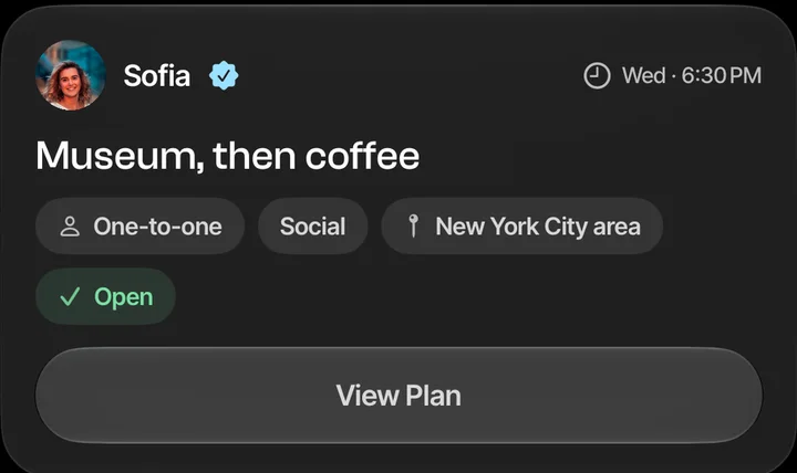 A Plan card from Discover: Sofia, verified, proposes 'Museum, then coffee' on Wednesday at 6:30 PM — one-to-one, social, New York City area, open — with a View Plan button.