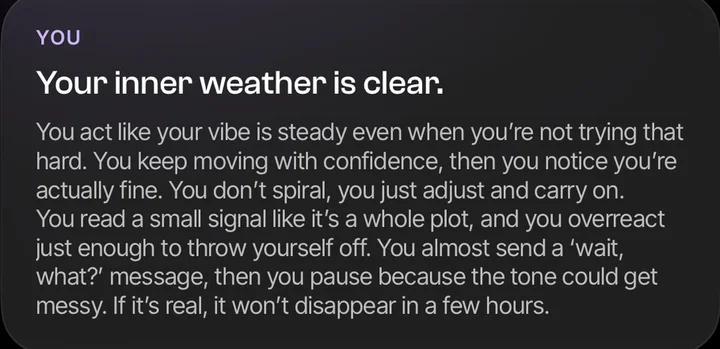 The 'You' card of today's StarCast: 'Your inner weather is clear', followed by a short plain-language reading.