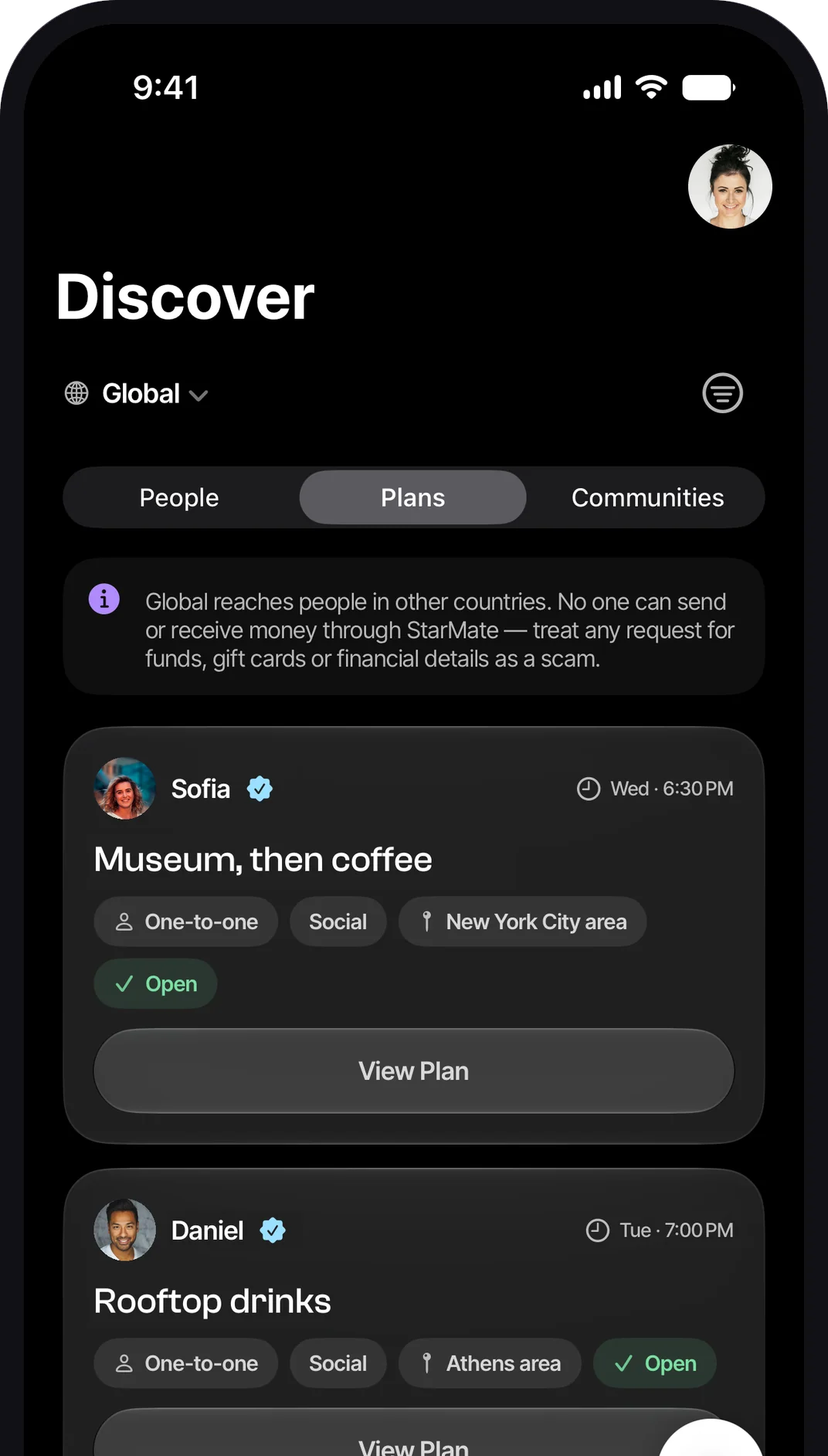 Discover tab on iPhone, Plans list in Global mode: verified members' one-to-one social Plans — 'Museum, then coffee' in the New York City area and 'Rooftop drinks' in the Athens area — each with a View Plan button.