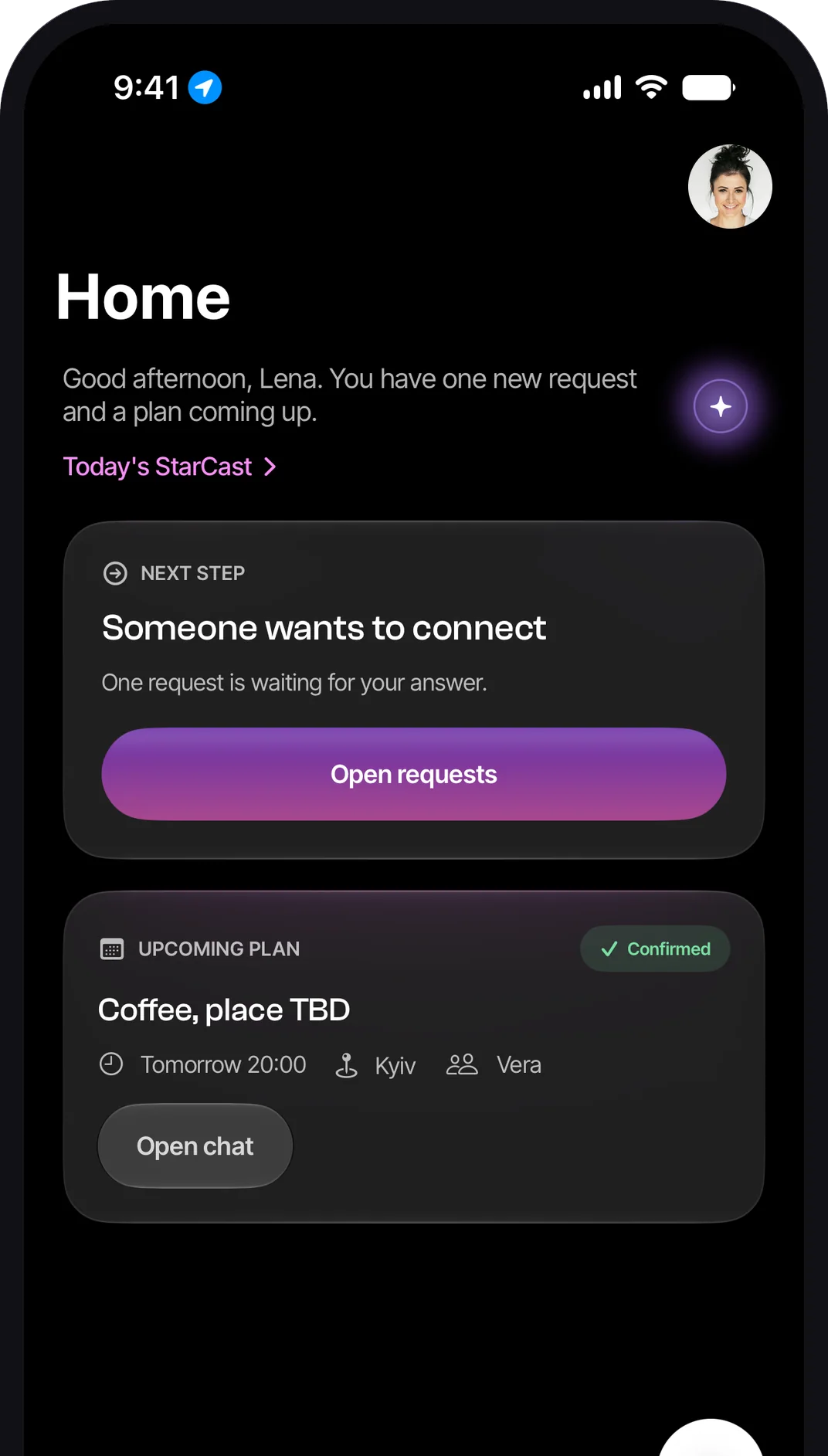 StarMate Home tab on iPhone: a greeting, a Next Step card saying someone wants to connect with an Open requests button, and an upcoming confirmed Plan — coffee tomorrow in Kyiv with Vera.